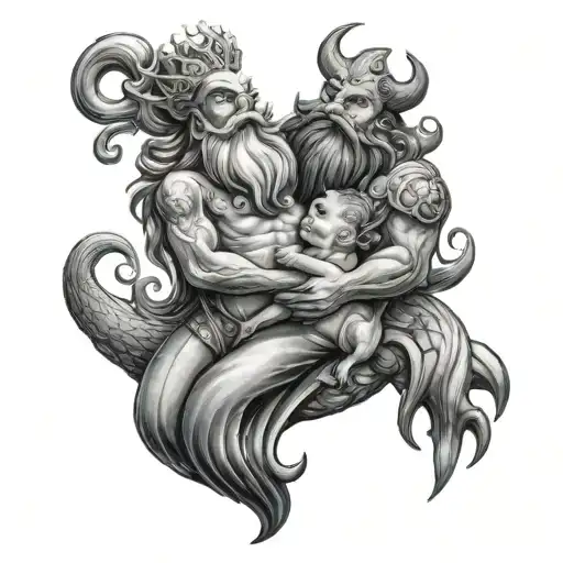 king triton holding baby girl and baby boy tattoo design idea