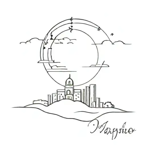 A minimalist tattoo of the skyline of Naples with musical notes floating above it tattoo design idea