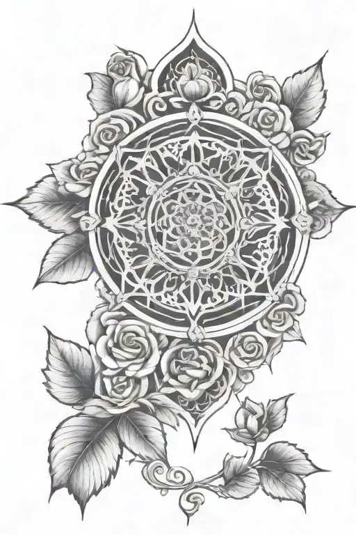 rose window mandala with cross and flowers growing tattoo design idea
