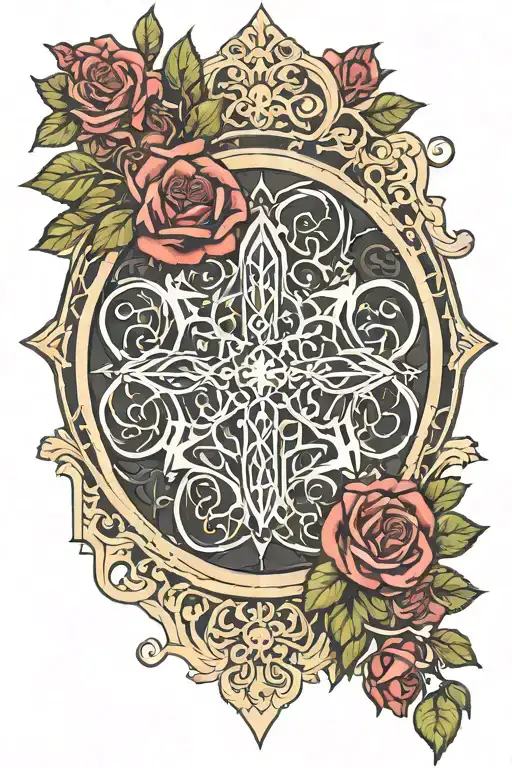 rose window mandala with cross and flowers growing tattoo design idea