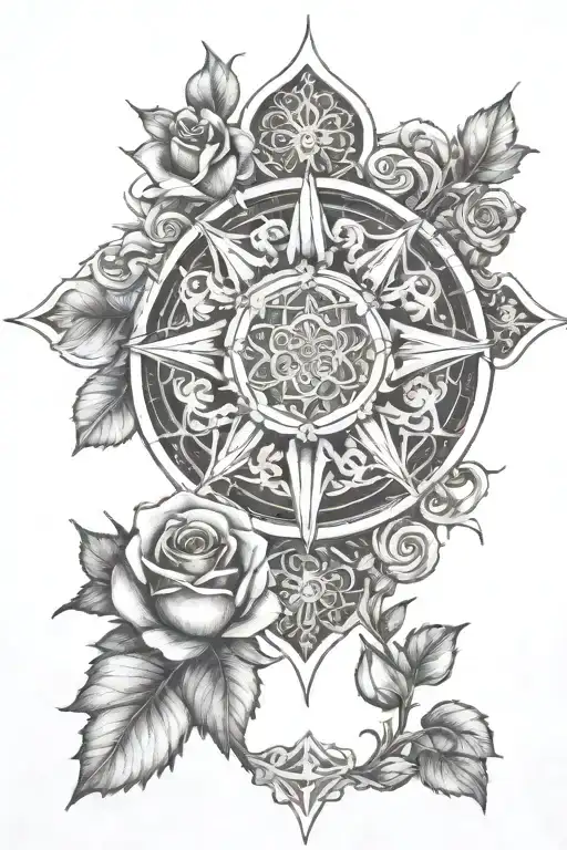 rose window mandala with cross and flowers growing tattoo design idea
