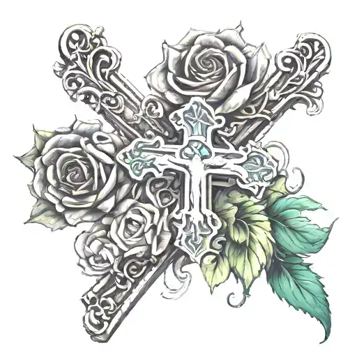 Draw me a fore arm sleeve of roses and a crucifix with a green ribbon and the moto quae seminaveris metes tattoo design idea