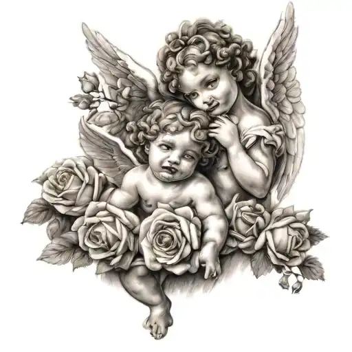 2 cherubs playing with roses mom women angel with wings  tattoo design idea