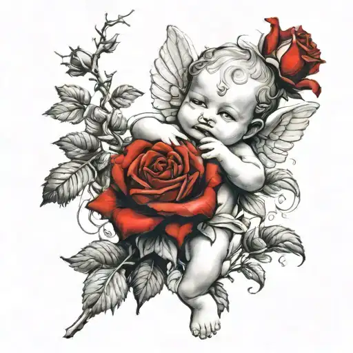 cherub holding branch of red roses   tattoo design idea