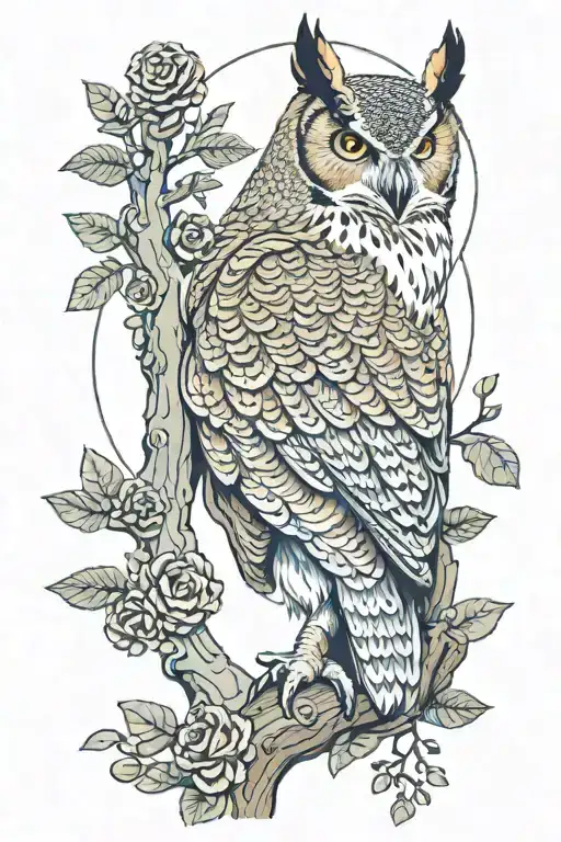 great horned owl in tree, acorns, mushroom, night, moon, runes tattoo design idea