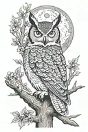 great horned owl in tree, acorns, mushroom, night, moon, runes tattoo design idea