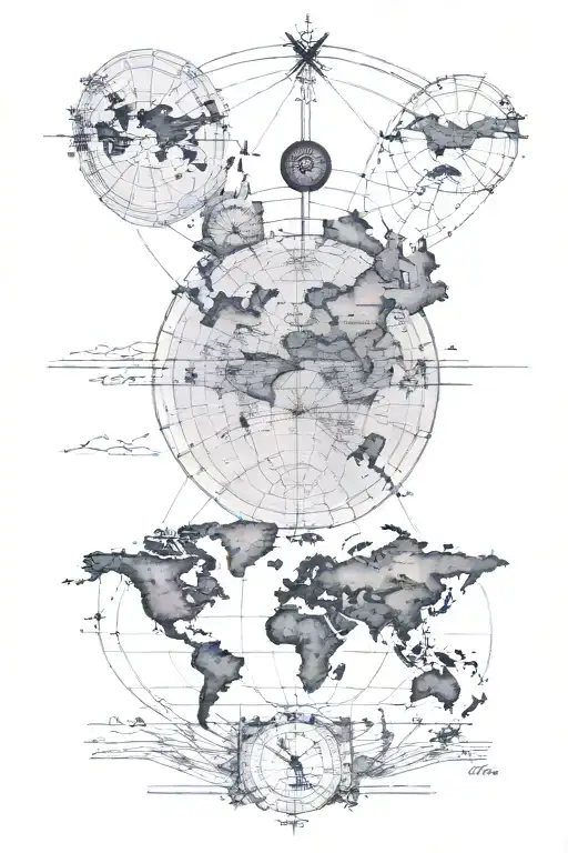 the longitude and latitude lines/ map of the world, with passport stamps, a compass, and Cincinnati sky line tattoo design idea