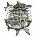 Sea turtle, shark and dolphin protecting sea chest. Oil platform and fisherman in a small wooden boat tattoo design idea