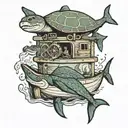 Sea turtle, shark and dolphin protecting sea chest. Oil platform and fisherman in a small wooden boat tattoo design idea