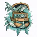 Sea turtle, shark and dolphin protecting sea chest. Oil platform and fisherman in a small wooden boat tattoo design idea