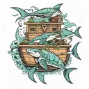 Sea turtle, shark and dolphin protecting sea chest. Oil platform and fisherman in a small wooden boat tattoo design idea