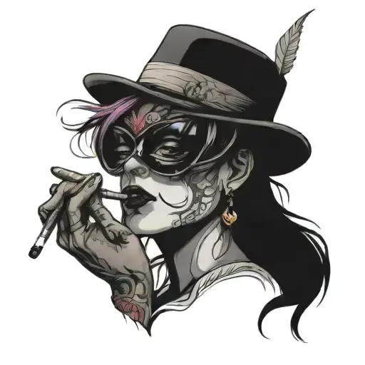 blindfolded woman smoking cigarette tattoo design idea