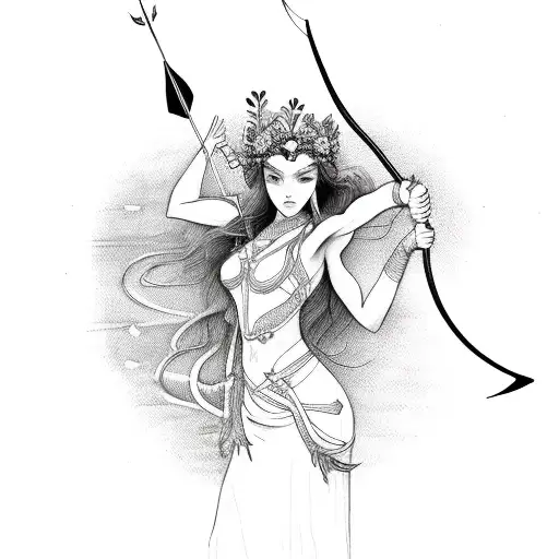 nature goddess with bow and arrow tattoo design idea