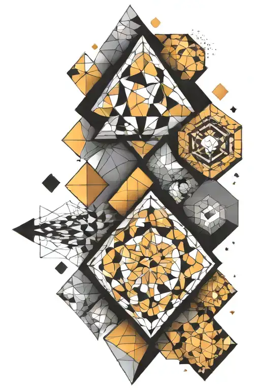 a geometric sleeve that starts as 2-d triangles that merge to squares that become 3-d cubes and then 2-d hexagons tattoo design idea