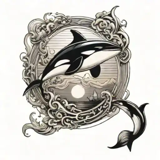 killer whale jumping with sunset behind him inside the sun is a chain necklace  tattoo design idea
