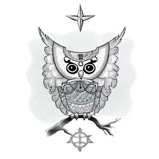 A new-school tattoo of an owl wearing glasses and holding a military binocular, symbolizing intelligence in the military tattoo design idea