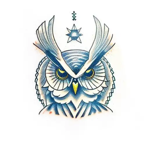 A traditional-style tattoo of an owl holding a military intelligence badge, emphasizing the connection between intelligence and the military tattoo design idea