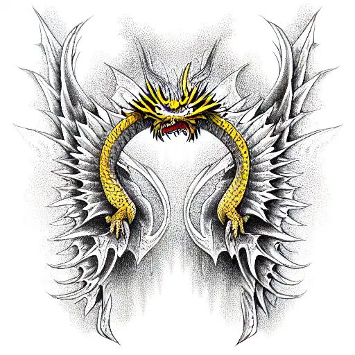 yellow dragon with red wings tattoo design idea