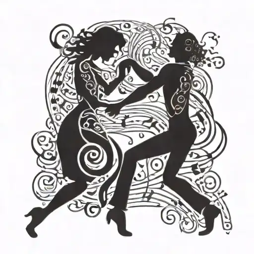 flowing ribbon of music notes and lyrics forming the silhouette of a couple dancing.  tattoo design idea