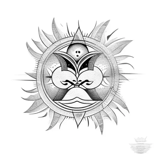 katana with sun, moon and birds tattoo design idea
