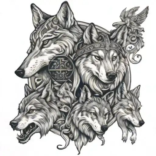 An elegant tattoo design featuring a mix of orthodox saints and wolves, symbolizing spirituality and strength, in black-grey style tattoo design idea