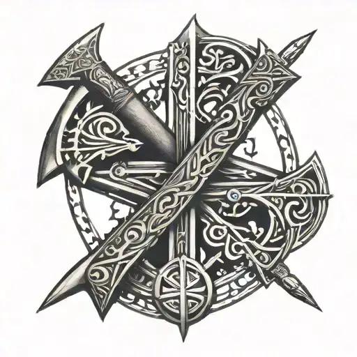 Combine Slavic runes with images of weapons to create a powerful and mystical tattoo design tattoo design idea