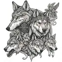 An elegant tattoo design featuring a mix of orthodox saints and wolves, symbolizing spirituality and strength, in black-grey style tattoo design idea
