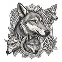 An elegant tattoo design featuring a mix of orthodox saints and wolves, symbolizing spirituality and strength, in black-grey style tattoo design idea