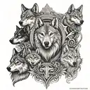 An elegant tattoo design featuring a mix of orthodox saints and wolves, symbolizing spirituality and strength, in black-grey style tattoo design idea