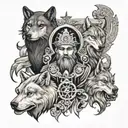 An elegant tattoo design featuring a mix of orthodox saints and wolves, symbolizing spirituality and strength, in black-grey style tattoo design idea