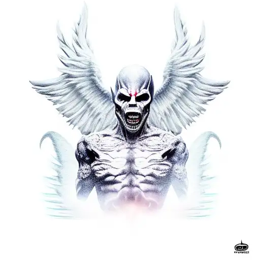 scary devil full body with halo and angel wings tattoo design idea