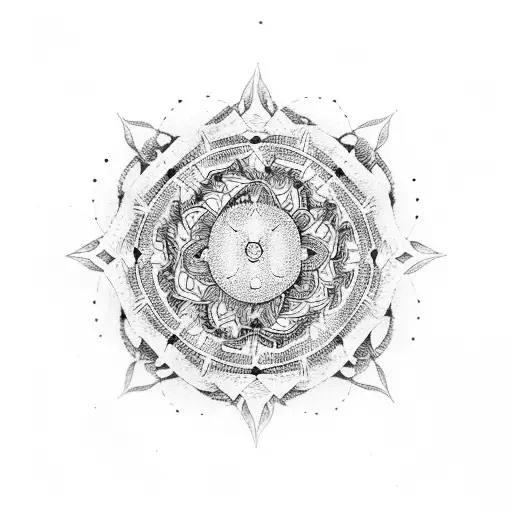 A dotwork mandala featuring elements of Japanese architecture and nature tattoo design idea