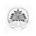 A dotwork mandala featuring elements of Japanese architecture and nature tattoo design idea