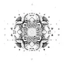 A dotwork mandala featuring elements of Japanese architecture and nature tattoo design idea