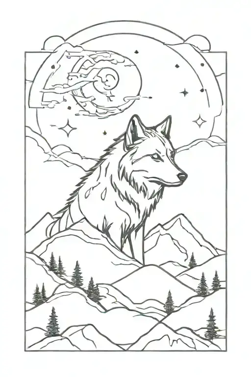 space, wolf, mountains, weather  tattoo design idea