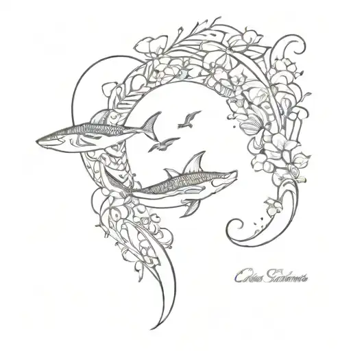 An intricate Polynesian sleeve tattoo featuring various ocean elements like waves, sharks, and fish, with Celeste's birth flower incorporated into the design tattoo design idea
