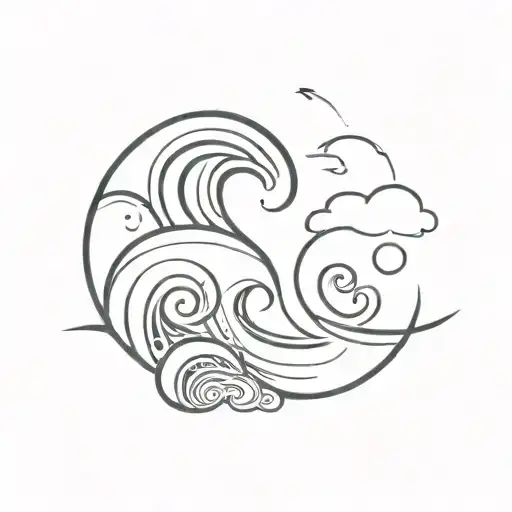 An abstract wave design with Polynesian tribal patterns and celestial tattoo design idea