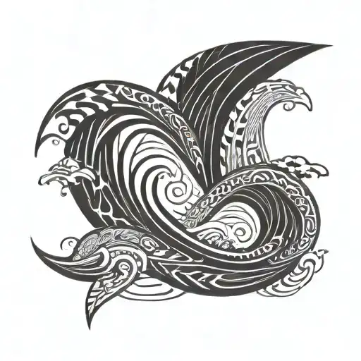 A fusion of tribal Polynesian patterns and abstract waves with celestial elements, incorporating images of a family surfing together. Design fitting for arm or leg shape. tattoo design idea