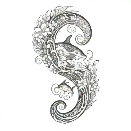 An intricate Polynesian sleeve tattoo featuring various ocean elements like waves, sharks, and fish, with Celeste's birth flower incorporated into the design tattoo design idea