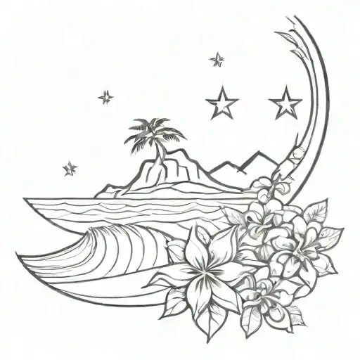 Polynesian style, stars and celestial environnement, surf, ocean, island life, flowers tattoo design idea