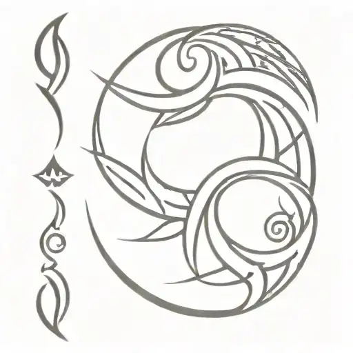 A combination of tribal Polynesian patterns and abstract waves with celestial elements, incorporating symbols of travel, family, sport, and surf. Design fitting for arm or leg shape. tattoo design idea
