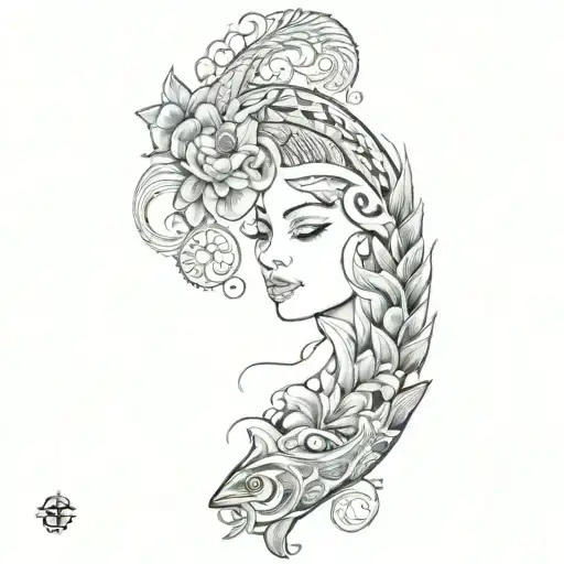 An intricate Polynesian sleeve tattoo featuring various ocean elements like waves, sharks, and fish, with Celeste's birth flower incorporated into the design tattoo design idea