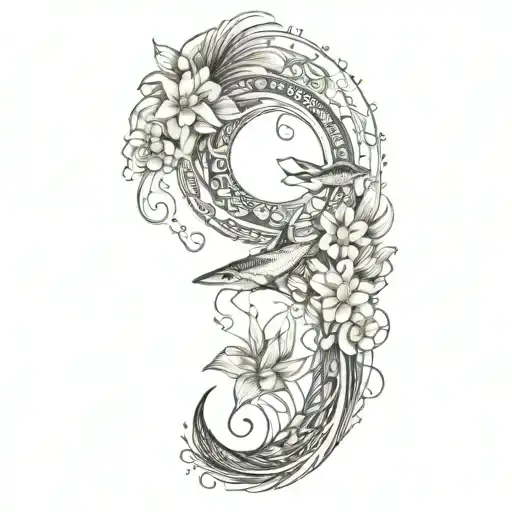 An intricate Polynesian sleeve tattoo featuring various ocean elements like waves, sharks, and fish, with Celeste's birth flower incorporated into the design tattoo design idea