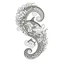 An intricate Polynesian sleeve tattoo featuring various ocean elements like waves, sharks, and fish, with Celeste's birth flower incorporated into the design tattoo design idea