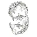 An intricate Polynesian sleeve tattoo featuring various ocean elements like waves, sharks, and fish, with Celeste's birth flower incorporated into the design tattoo design idea