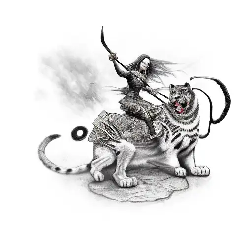 fair-haired girl warrior riding a panther. In the hands of the girl is an unusual sword. the girl screams in rage and ca tattoo design idea