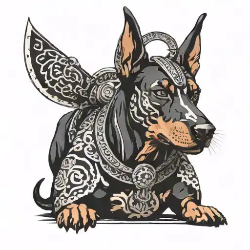 Doberman pincher wearing samuria helment looking cute tattoo design idea