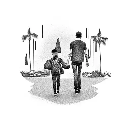 dad mom and son walking to the new life. include "hope" word tattoo design idea