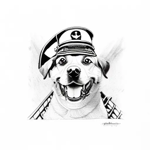 Dog wearing a captain's hat steering a canoe tattoo design idea
