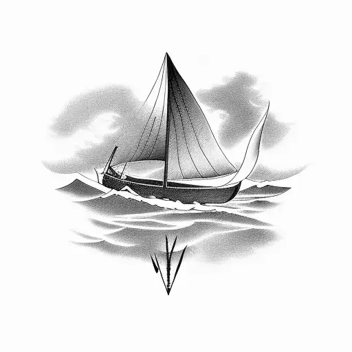 Canoe and sailboat crossing paths on a stormy sea tattoo design idea